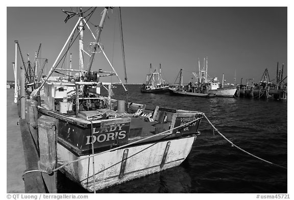 Commercial fishing boat, Provincetown. Cape Cod, Massachussets, USA (black and white)