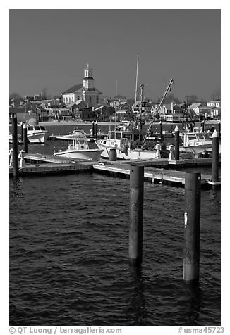 Harbor and church building, Provincetown. Cape Cod, Massachussets, USA (black and white)
