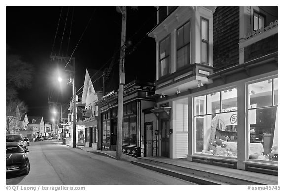 Commercial street by night, Provincetown. Cape Cod, Massachussets, USA (black and white)