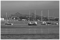 Harbor with anchored boats and bridge. Boston, Massachussets, USA ( black and white)
