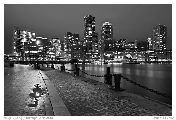 Wharf and skyline by night. Boston, Massachussets, USA