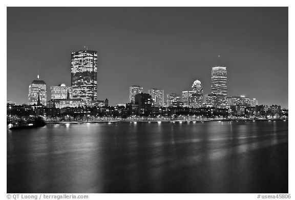 Charles River and Back Bay skyline by night. Boston, Massachussets, USA (black and white)