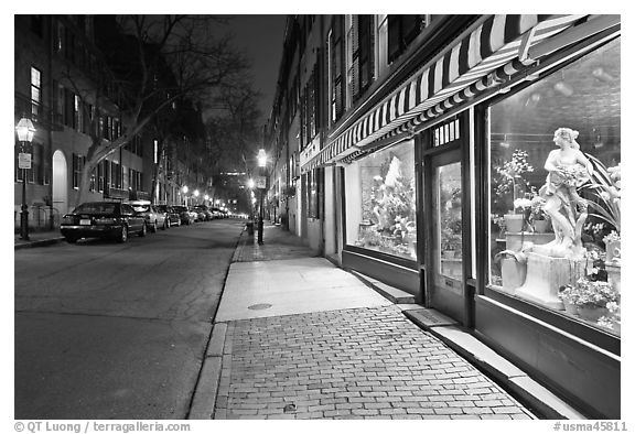 Flower shop by night, Beacon Hill. Boston, Massachussets, USA (black and white)