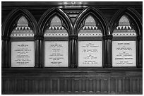White marble tablets commemorating Civil War casualties, Memorial Hall, Harvard University, Cambridge. Boston, Massachussets, USA ( black and white)