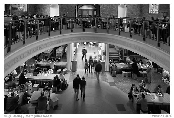 People dining, Quincy Market. Boston, Massachussets, USA (black and white)