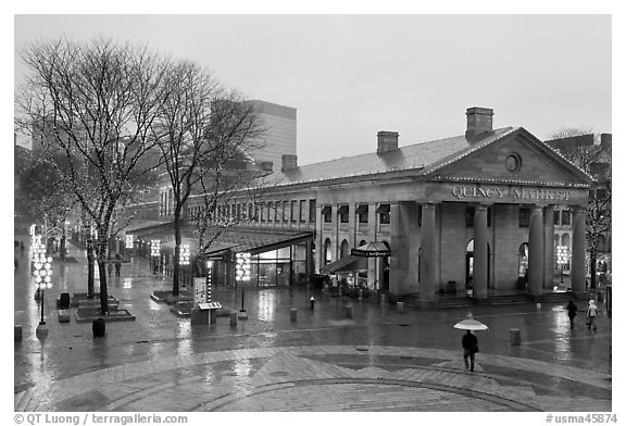 Faneuil Hall Marketplace on rainy day. Boston, Massachussets, USA (black and white)