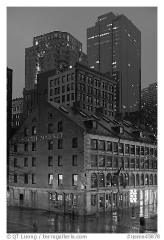 South Market and high rise buildings at dusk. Boston, Massachussets, USA (black and white)