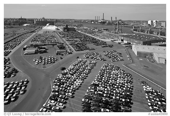Cars lined up in shipping harbor. Boston, Massachussets, USA