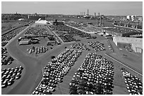 Cars lined up in shipping harbor. Boston, Massachussets, USA (black and white)