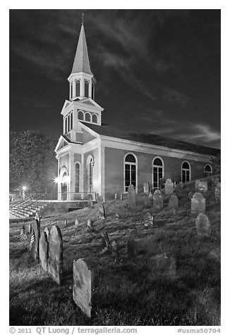Cemetery and church at night, Concord. Massachussets, USA (black and white)
