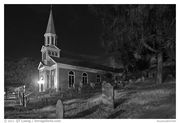 Holly Family church and graveyard at night, Concord. Massachussets, USA (black and white)