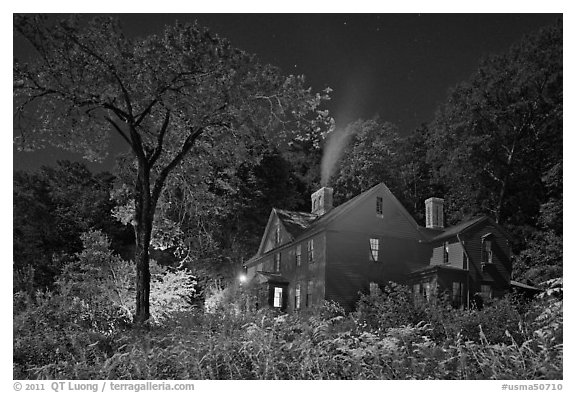 Orchard House at night with smoking chimney, Concord. Massachussets, USA (black and white)
