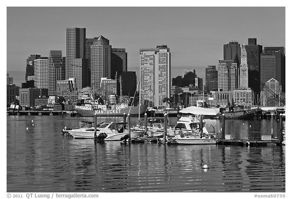 Bostron harbor and financial district. Boston, Massachussets, USA (black and white)