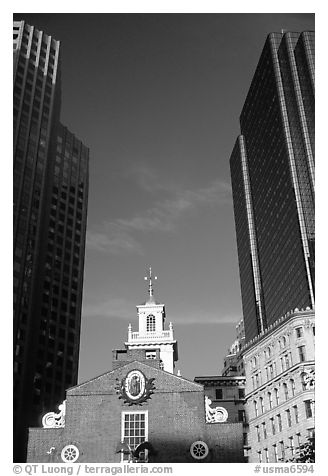 Old State House and Financial District skyscrapers. Boston, Massachussets, USA (black and white)