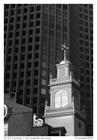 Old State House  skycrapers in downtown. Boston, Massachussetts, USA (black and white)