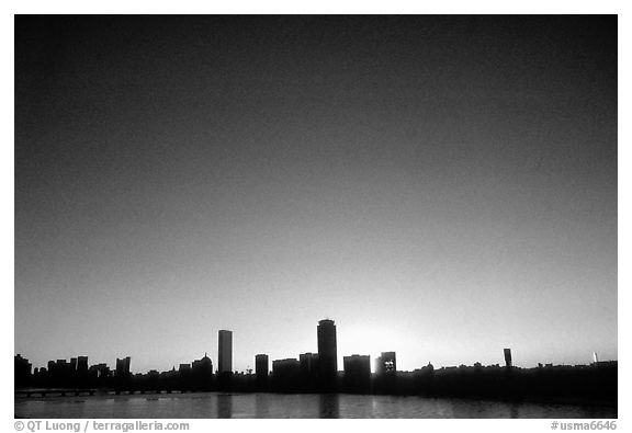 Downtown seen across the Charles River, winter sunrise. Boston, Massachussets, USA (black and white)