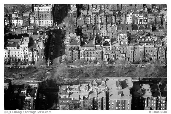 Brick houses seen from the Prudential Tower. Boston, Massachussets, USA (black and white)