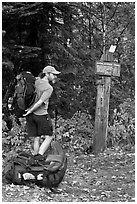 Backpacker shouldering pack at trailhead. Maine, USA (black and white)