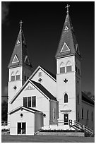 White church with double bell towers, Greenville. Maine, USA ( black and white)