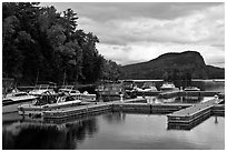 Marina along Moose River, Rockwood. Maine, USA (black and white)