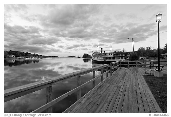 Marina with Katahdin steamer at sunset, Greenville. Maine, USA (black and white)