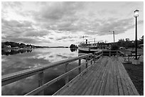 Marina with Katahdin steamer at sunset, Greenville. Maine, USA (black and white)
