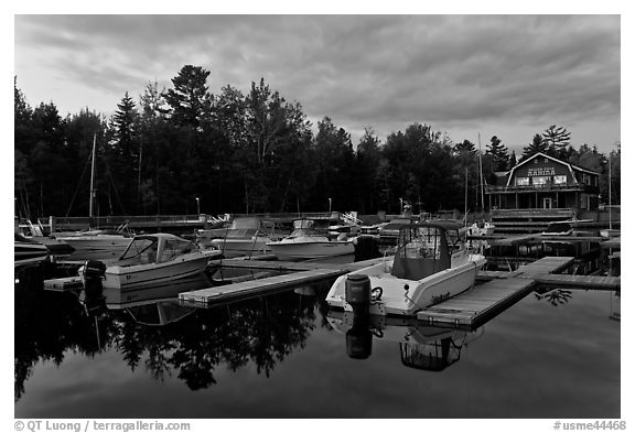 Boats in Beaver Cove Marina at dusk, Greenville. Maine, USA