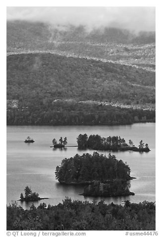 Islets and mountain slopes with fall foliage. Maine, USA (black and white)