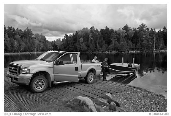 Boat loaded at ramp, Lily Bay State Park. Maine, USA (black and white)