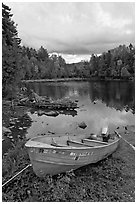 Small boat and cove, Lily Bay State Park. Maine, USA ( black and white)