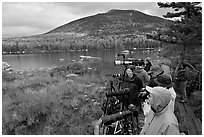 Photographers waiting for moose, Sandy Stream Pond. Baxter State Park, Maine, USA (black and white)