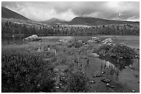 Mountains with fall colors rising above pond. Baxter State Park, Maine, USA (black and white)