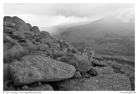 Boulders and rain showers, from South Turner Mountain. Baxter State Park, Maine, USA (black and white)