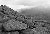 Boulders and rain showers, from South Turner Mountain. Baxter State Park, Maine, USA (black and white)