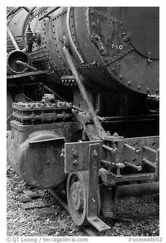 Detail of old steam locomotive. Allagash Wilderness Waterway, Maine, USA (black and white)
