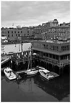 Boats, harbor, and historic buildings. Portland, Maine, USA ( black and white)