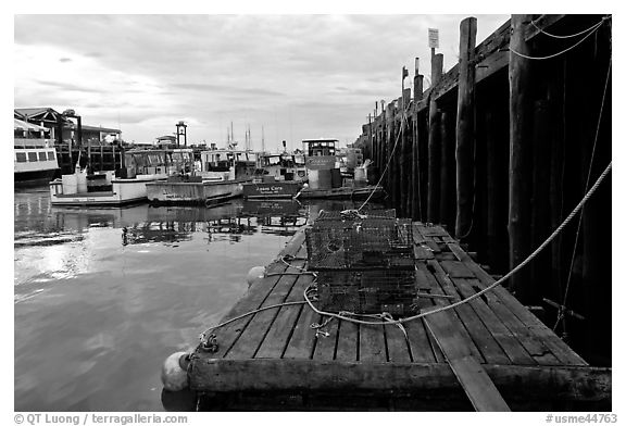 Lobster traps and fishing boats below pier. Portland, Maine, USA (black and white)