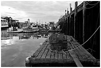 Lobster traps and fishing boats below pier. Portland, Maine, USA (black and white)