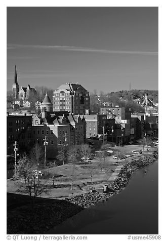 Churches and brick buildings. Augusta, Maine, USA (black and white)