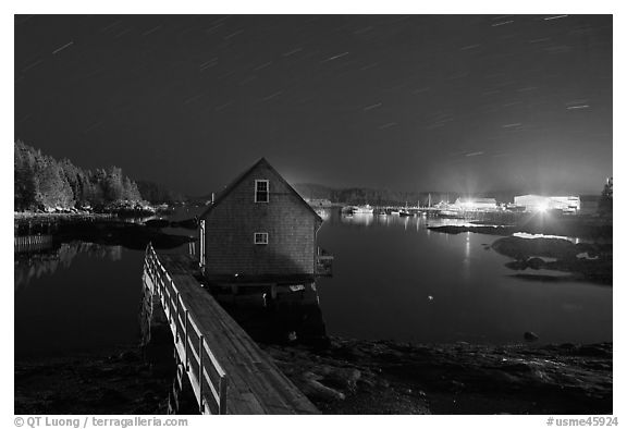 Lobster shack by night. Stonington, Maine, USA (black and white)