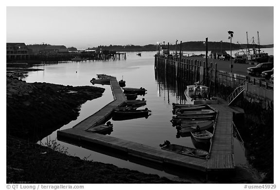 Small boat harbor at dawn. Stonington, Maine, USA (black and white)