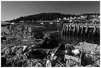 Fishing gear and harbor. Stonington, Maine, USA (black and white)