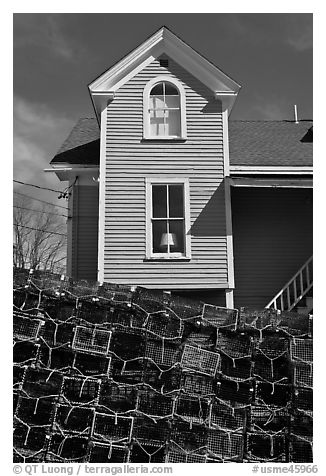 Lobster traps and house. Stonington, Maine, USA (black and white)