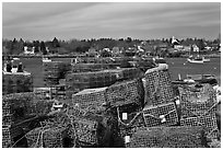 Lobster traps and village. Corea, Maine, USA (black and white)