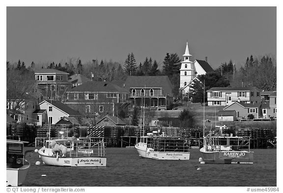 Lobster fleet and traditional village. Corea, Maine, USA (black and white)