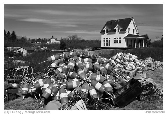 Buoys and house. Corea, Maine, USA (black and white)