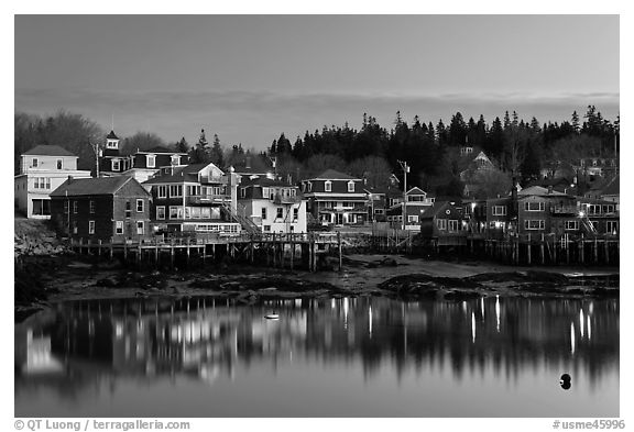Harbor waterfront at dawn. Stonington, Maine, USA (black and white)