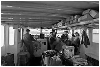 Aboard Isle-au-Haut mailboat. Isle Au Haut, Maine, USA (black and white)
