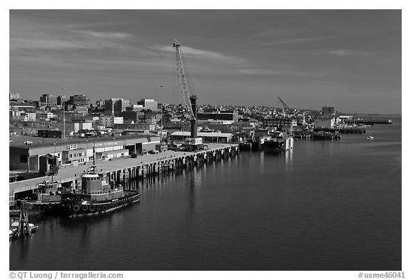 Shipping harbor with tugboats and crane. Portland, Maine, USA