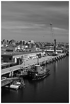 Harbor with welcome to Portland sign. Portland, Maine, USA (black and white)